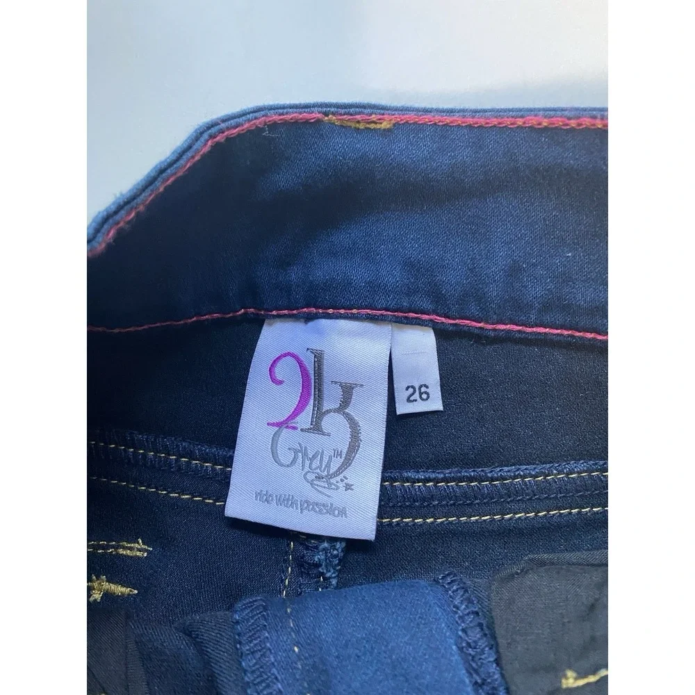 2kgrey Horse Riding Pants 26 in. Women's wow knee patch denim breech indigo blue